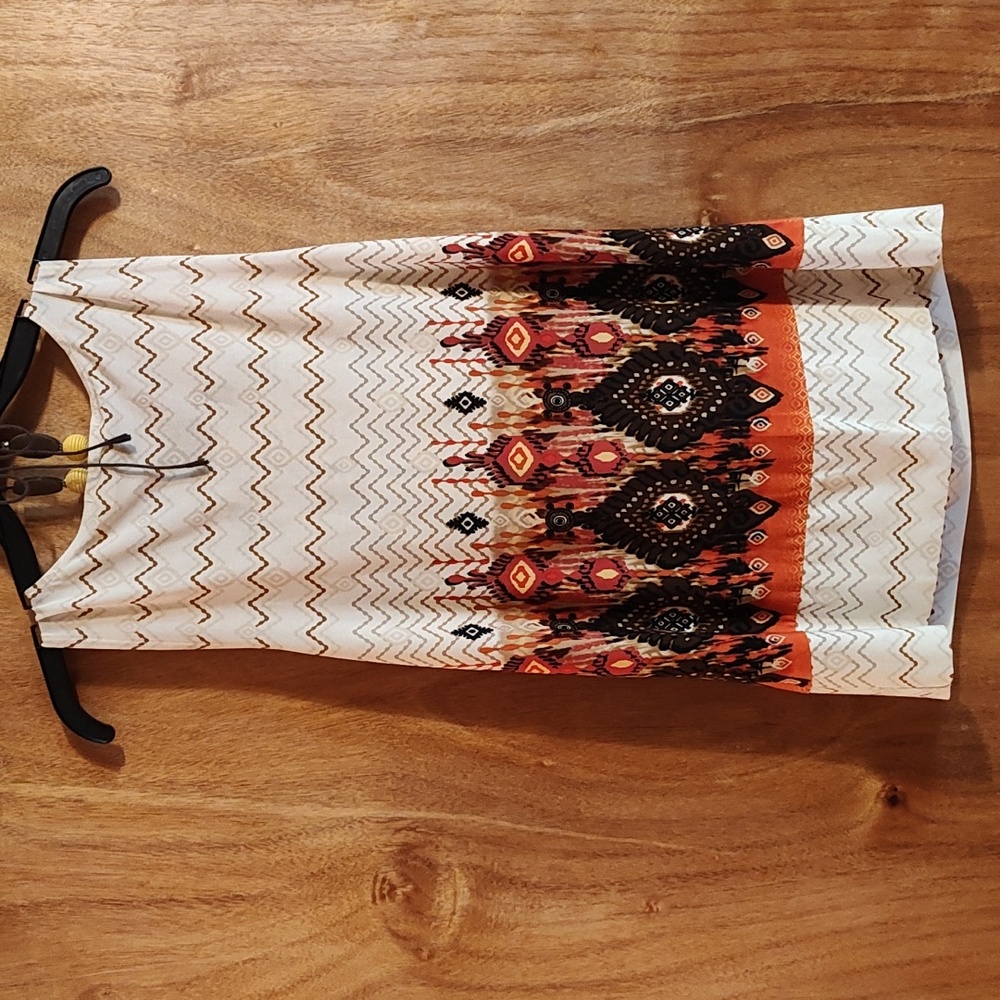 Cato Cowl Neck Tank Halter Tie-Neck Cream Orange Brown Beaded Ikat Chevron Med - Picture 8 of 12